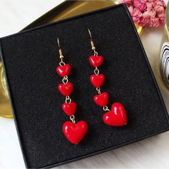 3 for $26 - RED HEARTS VALENTINES DANGLE DROP EARRINGS - Picture 2 of 2